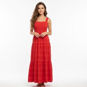 Umgee Red Smocked Cotton Maxi Dress Tiered Thick Strap Medium Resort Summer